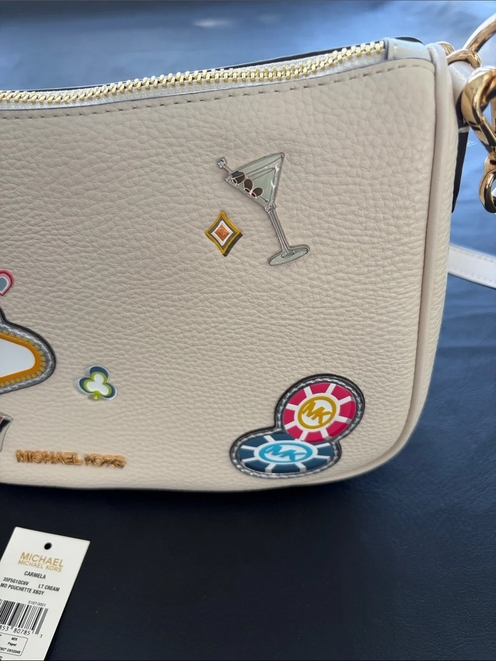 Michael Kors Beige Patchwork Las Vegas Crossbody with Gold Chain